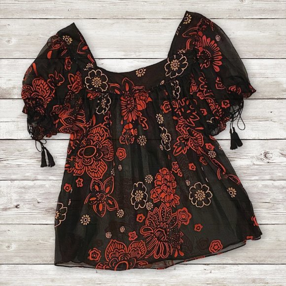 ECI Tops - NWOT ECI New York Red, Gold & Black Burnout Sheer Boho Peasant Top with Camisole